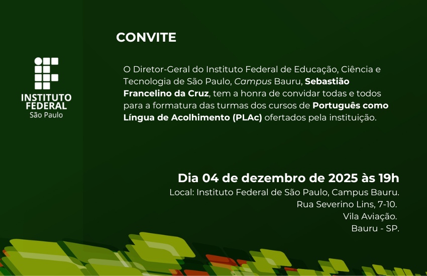Convidamos para a formatura dos alunos do curso de Português como Língua de Acolhimento (PLAc)